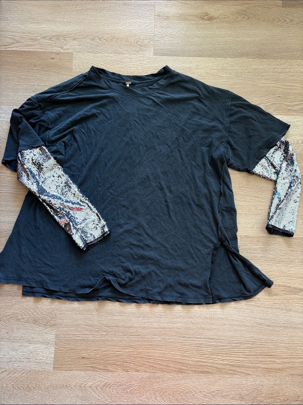 Free People Black tshirt with sequins sleeves